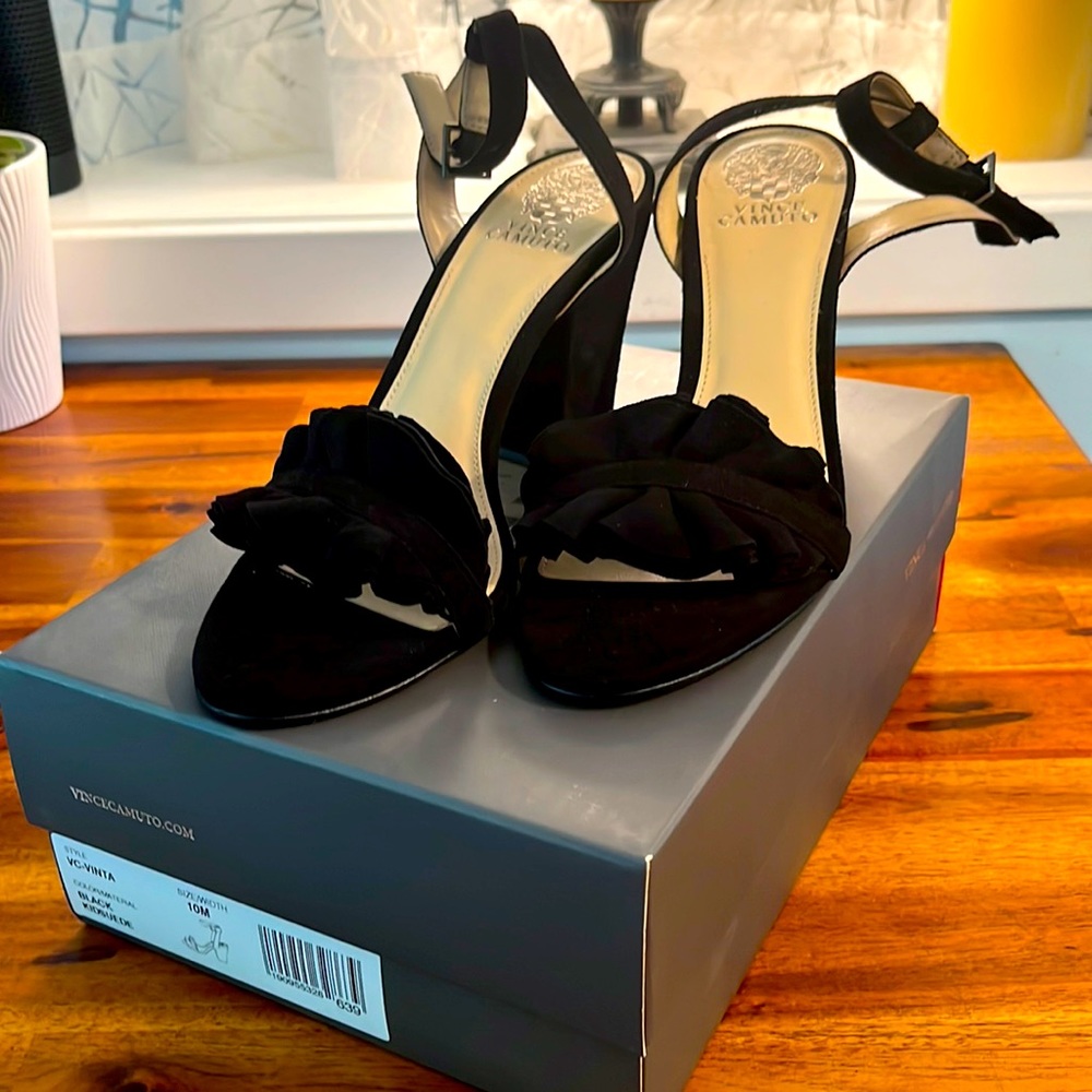 Black Suede “Vinta” Heeled Sandals with Ankle closure, Size 10